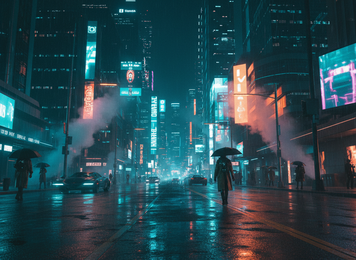 Cyberpunk city street at night